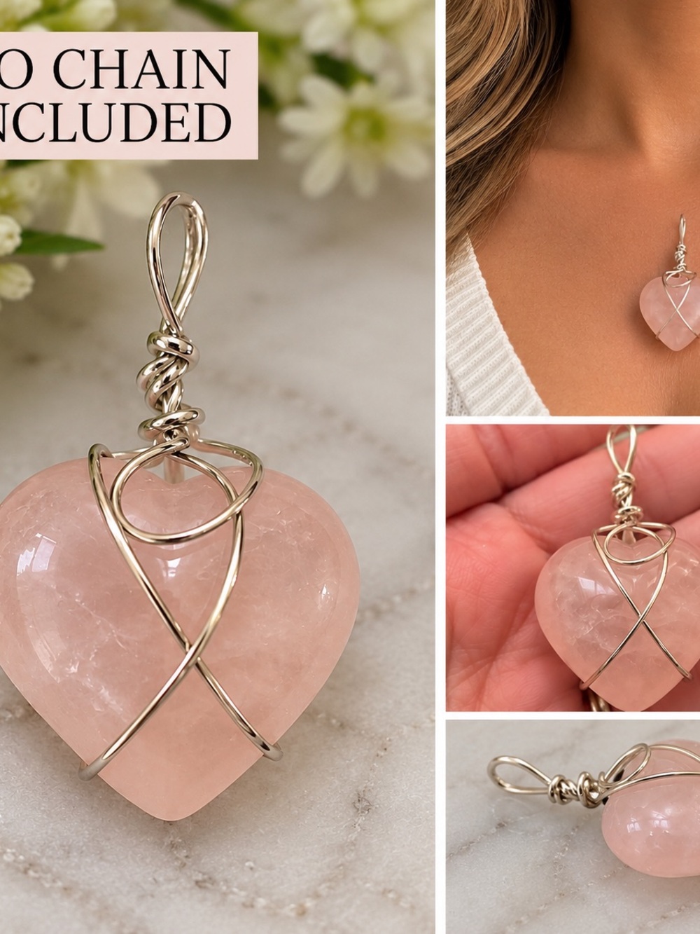 Rose Quartz Heart Pendant Silver Wire Wrapped no chain included!